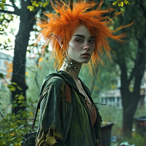 Prompt: Faerie, full body view, A young beautiful urban spirit of nature, (hiding in a run down park), dynamic action pose, (decrepit trees, overturned garbage cans), fae like female adapted to modern cities.  Caught between the wild and tamed nature.  Has adopted a punk like style mixed with wild fae. Slightly Scared and shy.