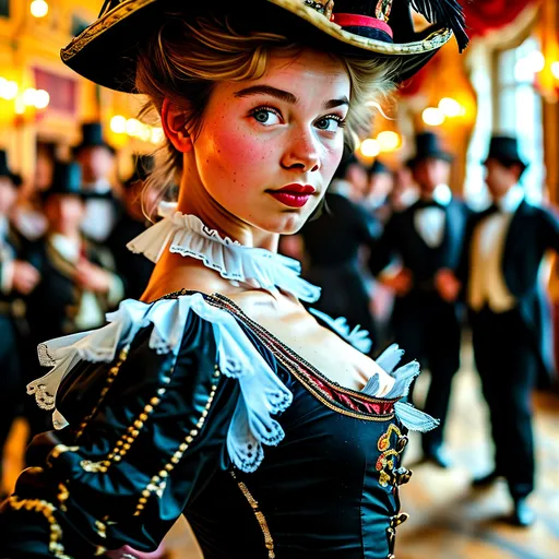 Prompt: Full torso closeup, in frilly voluminous cancan outfit, cancan dancing Action pose, a cute young 19-year-old girl (short, slim body type), detailed angular facial features and skin tone, small cute pointed or angular nose, (short hair), posing wearing cancan outfit.  In period Moulin Rouge theater reenactment. Blurred background with male party goers in black tie