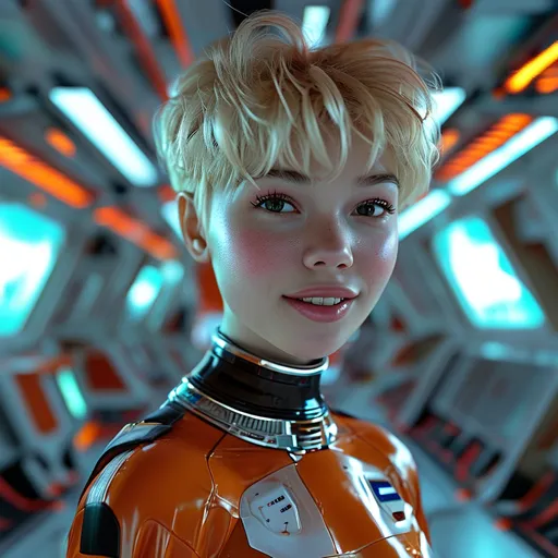 Prompt: (central content: girl, 19 years old, shortblonde, frizzy hair), bright smile, cute and pretty features, (NASA colors and style), huge spaceship backdrop, (comfortable and light elegant costume), futuristic design, Mars terraforming scene, vivid colors, spacious interior, ambient lighting, charming atmosphere, (HD, ultra-detailed), adventurous vibe, engaging expression, dynamic composition, striking visuals.