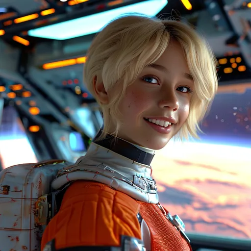 Prompt: (central content: girl, 20 years old, shortblonde, frizzy hair), bright smile, cute and pretty features, (NASA colors and style), huge spaceship backdrop, (comfortable and light elegant costume), futuristic design, Mars terraforming scene, vivid colors, spacious interior, ambient lighting, charming atmosphere, (HD, ultra-detailed), adventurous vibe, engaging expression, dynamic composition, striking visuals.