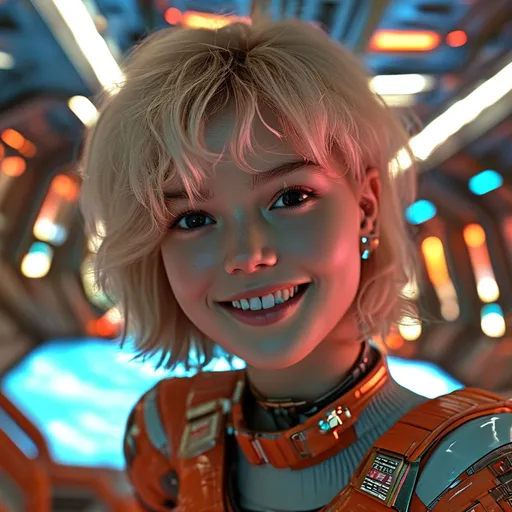 Prompt: (central content: girl, 19 years old, shortblonde, frizzy hair), bright smile, cute and pretty features, (NASA colors and style), huge spaceship backdrop, (comfortable and light elegant costume), futuristic design, Mars terraforming scene, vivid colors, spacious interior, ambient lighting, charming atmosphere, (HD, ultra-detailed), adventurous vibe, engaging expression, dynamic composition, striking visuals.