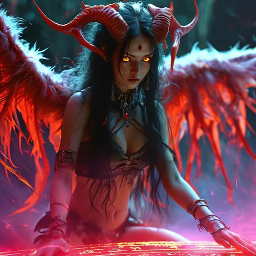 Prompt: (young demoness, full body), (tight outfit), (slim,beautiful,large eyes), (demonic wings spread wide behind her), performing an incantation, dramatic shadows, eerie ambience, vivid red and deep purple light, swirling mist, ancient runes glowing faintly, fantastical elements, demon summoning, high detail, mysterious background, 4K resolution, cinematic atmosphere, supernatural energy in the air, full body shot.