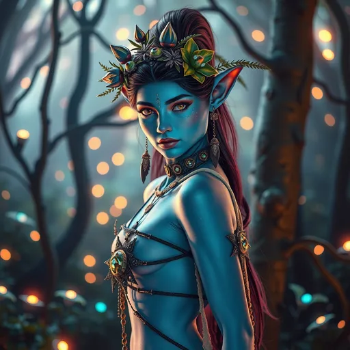 Prompt: (Fullbody_pose)(Gorgeous Female Avatar), (Navi)(Sultrypose), captivating features, ethereal glow, vibrant blue skin, adorned with nature-inspired accessories, intense expressive eyes, mystical forest background filled with bioluminescent flora, soft and magical ambient lighting, high-detail anatomical proportions, serene and enchanting atmosphere, (ultra-detailed), cinematic depth.