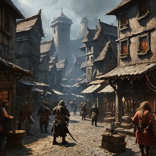 Prompt: Warhammer fantasy rpg style bustling town, eerie atmosphere, grimy mood, detailed buildings, detailed people, busy town