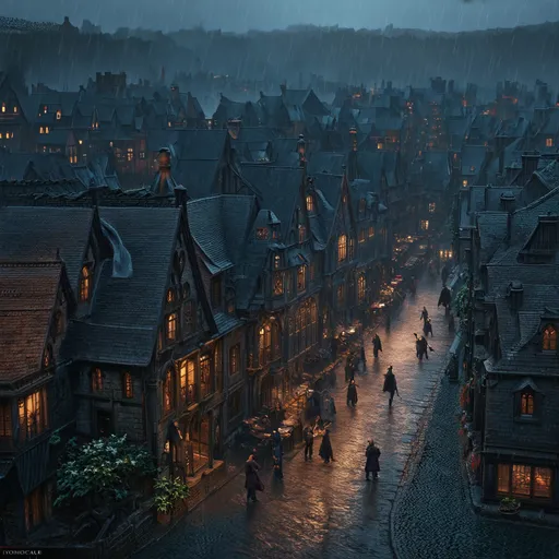 Prompt: Bird's eye view of a bustling dark fantasy town, eerie atmosphere, gothic buildings, grimy mood, detailed people, raining, detailed and intricate architecture, rainy weather, busy town, high quality, dark fantasy, gothic, detailed buildings, detailed people, eerie atmosphere, raining, bird's eye view, grimy mood, atmospheric lighting