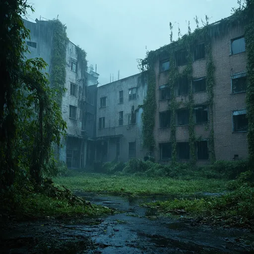 Prompt: distant view of Overgrown, abandoned hospital, The Last of Us style, detailed decay, highres, desolate atmosphere, post-apocalyptic, debris, detailed textures, eerie lighting, rain, nature reclaiming urban spaces, intricate vegetation, crumbling infrastructure, hauntingly beautiful, atmospheric ruins, realistic, overgrown vegetation, abandoned buildings, detailed textures, decaying beauty, desolation, haunting, high quality, dark blue ambient light, 