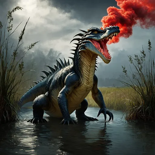 Prompt: Full body, Fantasy illustration of a nanabolele, water dwelling african crocodile-dragon, red smoke in the air, high quality, dark and eerie atmosphere, rpg-fantasy, detailed, swampy african landscape background 