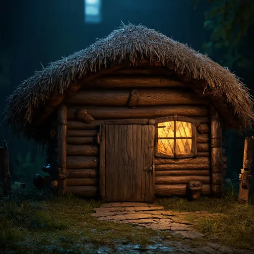 Prompt: Medieval wooden hut with straw roof, dark fantasy RPG anton pieck style, detailed wood texture, atmospheric lighting, highres, rustic, fantasy, medieval, detailed straw roof, immersive ambiance