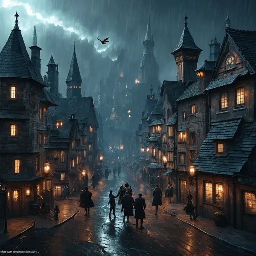 Prompt: dark fantasy style bustling town, various gothic buildings, eerie atmosphere, grimy mood, detailed buildings, detailed people, busy town, raining, bird eye view