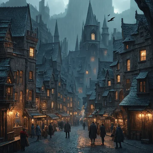 Prompt: dark fantasy style bustling town, various gothic buildings, eerie atmosphere, grimy mood, detailed buildings, detailed people, busy town, raining, bird eye view