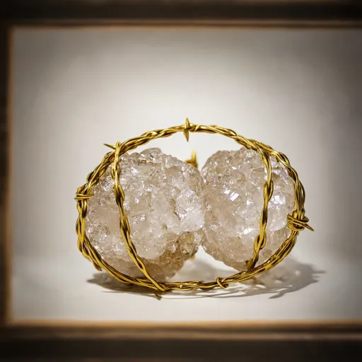 Prompt: Sold Crystal Testicles Wrapped in Gold Barbed Wire