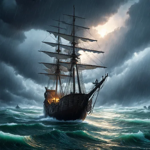 Prompt: Bird's eye view of medieval ship on stormy sea, eerie atmosphere, grimy mood, raining, storm, detailed and intricate ship, rainy weather, high quality, dark fantasy, eerie atmosphere, raining, bird's eye view, grimy mood, atmospheric lighting, realistic water