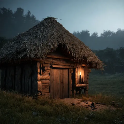 Prompt: Medieval wooden hut with straw roof, dark fantasy RPG anton pieck style, detailed wood texture, atmospheric lighting, highres, rustic, fantasy, medieval, detailed straw roof, immersive ambiance, torch on wall