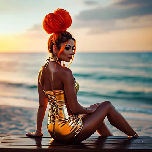 Prompt: UHD, 64K, professional photo portrait of a gorgeous ultra-muscular 22 years old Italian goddess bodybuilder with huge busom D Cup, view from behind, she wears luxury bronze tight latex corset and latex skirt, she is sitting on the boardwalk bench at the beach at dusk, dominatrix make up, irresistible pose, tight burnt orange hair bun, beloved smile, hourglass figure, 8 inch stiletto high heel shoes