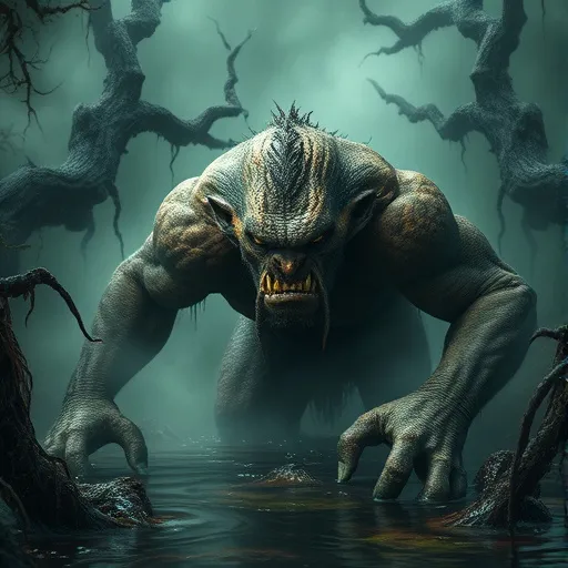 Prompt: (Troll of Khazad-dum), emerging from a dark, mystical swamp, (muscular and imposing figure), complex textures on skin, eyes glaring with determination, mist swirling around, eerie lighting casting shadows, rich greens and browns dominating the color palette, atmospheric tension, detailed surroundings include gnarled trees and murky waters, (highly detailed), (4K), cinematic.