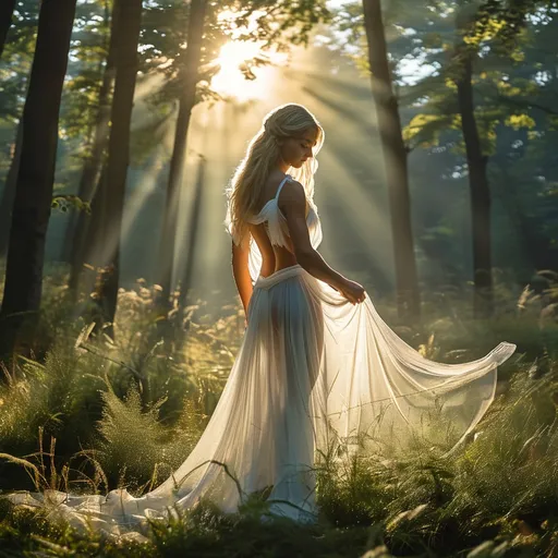 Prompt: The tall muscular 25-year-old Swiss female goddess bodybuilder, very well endowed, wearing sheer white flowing robes, fingers brushed lightly over the dewy grass; the movement was so gentle that I almost attributed it to the light breeze blowing through the trees far above. The fluttering of the leaves caused the shadows on the forest floor, spawned by the faint sunlight of the approaching dawn, to dance serenely. The sky was dotted with streaks of orange and purple as the sun began to rise above the horizon.