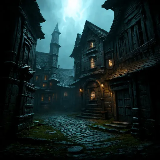 Prompt: warhammer fantasy RPG style town, gritty atmosphere, weathered textures, gloomy ambience, high contrast, detailed textures, atmospheric lighting, eerie atmosphere, medieval fantasy, intricate details, eerie shadows, eerie atmosphere, dramatic, haunting, mysterious, unsettling, professional, highres, intense, dark tones, fantasy, gothic, eerie lighting