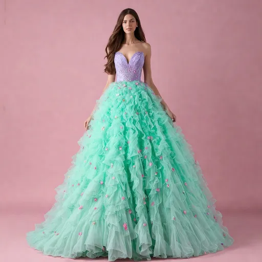 Prompt: An enchanting ballroom gown graced with a delightful blend of mint green, aquamarina and pastel pink and soft lavender hues. captured by hasselblad 2000fc. Covered in tiny multicolored flowers. Crafted by a master designer like Elie Saab,Dior, Chanel, Giorgio armani. the gown showcases luxurious textures and meticulous design, boasting a layered and textured silk ruffled skirt adorned with intricate embroidery and delicate knits. in the style of pixar. The model has long brown hair.