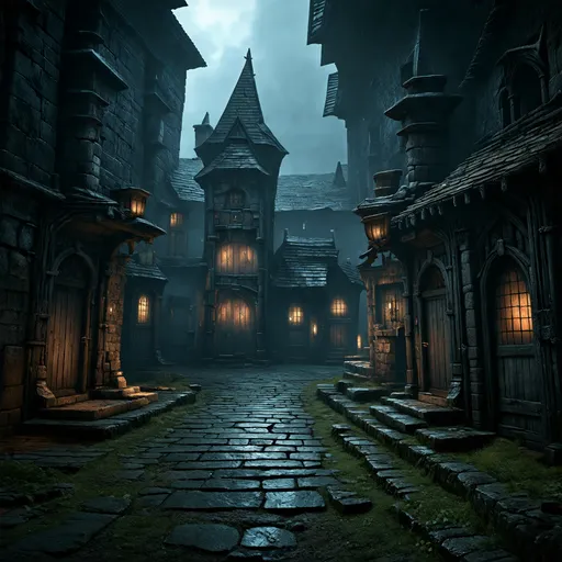 Prompt: dark fantasy RPG style town, gritty atmosphere, weathered textures, gloomy ambience, high contrast, detailed textures, atmospheric lighting, eerie atmosphere, medieval fantasy, intricate details, eerie shadows, eerie atmosphere, dramatic, haunting, mysterious, unsettling, professional, highres, intense, fantasy, gothic, eerie lighting