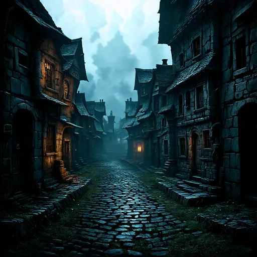 Prompt: warhammer fantasy RPG style town, gritty atmosphere, weathered textures, gloomy ambience, high contrast, detailed textures, atmospheric lighting, medieval fantasy, intricate details, eerie shadows, eerie atmosphere, dramatic, haunting, mysterious, unsettling, professional, highres, intense, dark tones, fantasy, gothic, eerie lighting