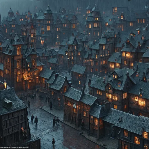 Prompt: Warhammer fantasy rpg style bustling town, various gothic buildings, eerie atmosphere, grimy mood, detailed buildings, detailed people, busy town, raining, top down view