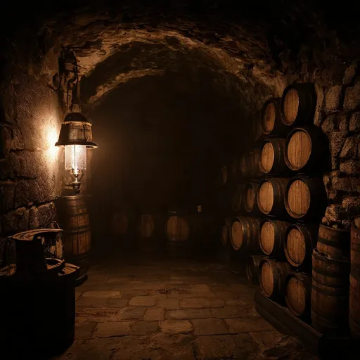 Prompt: dark fantasy RPG style dark medieval cellar, detailed stonework, dim torchlight, detailed wooden stacked barrels, eerie atmosphere, highres, dark fantasy, rugged textures, gloomy ambiance, realistic shadows, ancient architecture, mysterious shadows, immersive, gritty, detailed props, dark mist, detailed lamp hanging on a wall, cellar in shade, atmospheric light