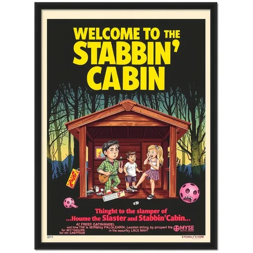 Prompt: 1970s Slasher Movie Poster for "Welcome to the Stabbin' Cabin" Horror Movie