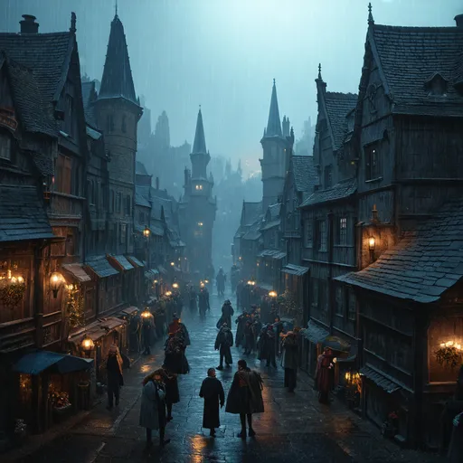 Prompt: Bird's eye view of a bustling dark fantasy town, eerie atmosphere, gothic buildings, grimy mood, detailed people, raining, detailed and intricate architecture, rainy weather, busy town, high quality, dark fantasy, gothic, detailed buildings, detailed people, eerie atmosphere, raining, bird's eye view, grimy mood, atmospheric lighting