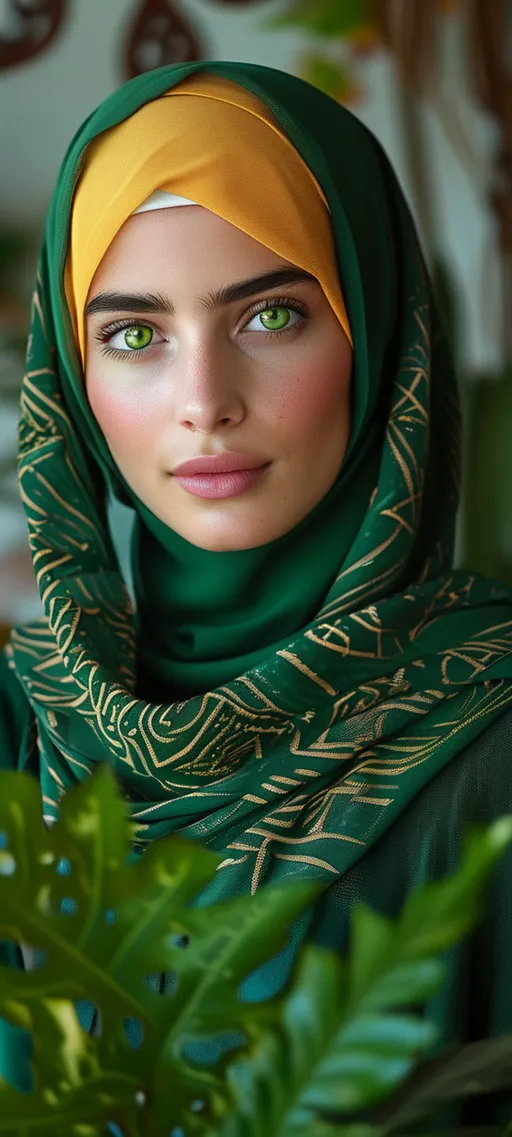 Prompt: (woman wearing a green hijab), vibrant green scarf, holding a lush plant, (Bouchta El Hayani style), intricate hurufiyya art elements, (striking green eyes), ethereal lighting, harmonious ambiance, detailed textures, (cozy atmosphere), vivid colors, high resolution, ultra-detailed composition, captivating expression, artistic photograph.