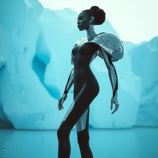 Prompt: (fashion editorial), hyper-realistic, (futuristic vibe), a  super slim black female model, in a modern black and silver outfit, Thierry Mugler fashion style, big shoulders pad, McQueen style high heels alien, illuminated by bluish sunlight, dramatic iceberg background, showcasing innovative styling, crisp details, dynamic composition, ethereal ambiance, reflecting advanced design and cutting-edge fashion concepts, 4K resolution.
