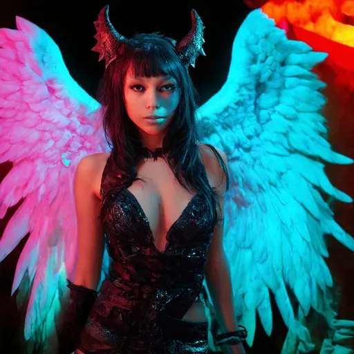 Prompt: BEAUTIFUL WOMAN, SUCCUBI, DEMON, ANGEL, GOTHIC, NEON, VIBRANT, CYPERPUNK, DYNAMIC LIGHTING, DYNAMIC POSING