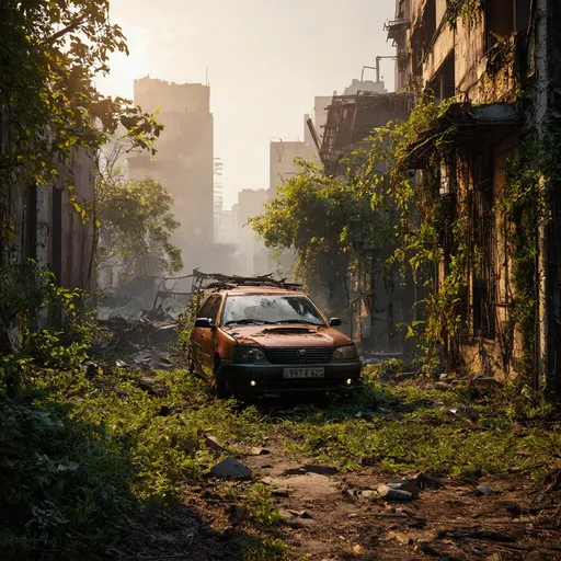 Prompt: Overgrown, abandoned city, The Last of Us style, detailed decay, highres, desolate atmosphere, post-apocalyptic, debris, desolating cars, detailed textures, eerie lighting, sunset, nature reclaiming urban spaces, intricate vegetation, crumbling infrastructure, hauntingly beautiful, atmospheric ruins, realistic, overgrown vegetation, abandoned buildings, detailed textures, decaying beauty, desolation, haunting, high quality, orang-red ambient light