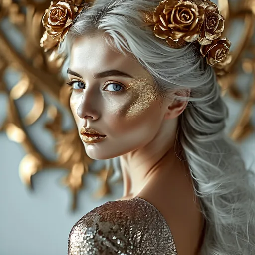 Prompt: Full body portrait of a caucasian gorgeous ethereal ultra-muscular Czechian 25-year-old female goddess bodybuilder,  The color scheme of the image is dominated by gold and silver hues. Her ridiculously long, silvery hair is elegantly gathered in a sleek bun, adorned with golden roses for added sophistication. The ethereal and fairy-like makeup enhances her divine beauty, with intricate golden accents around her eyes, shimmering highlights on her cheeks, and a radiant, golden lip color.

The goddess wears a short metallic gown that catches the light and reflects golden highlights as she moves. The view from a distance accentuates the goddess's perfect form 