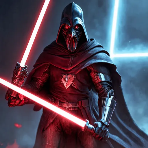 Prompt: sith chicken wielding a red lightsaber, detailed armor and cloak, high quality, digital illustration, sci-fi, fantasy, cool tones, intense lighting