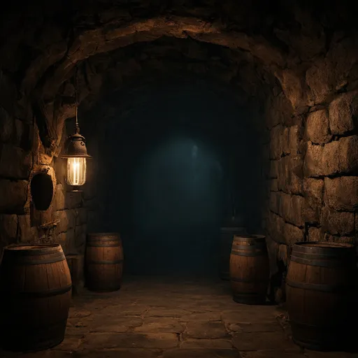 Prompt: dark fantasy RPG style dark medieval cellar, detailed stonework, dim torchlight, detailed wooden barrels, eerie atmosphere, highres, dark fantasy, rugged textures, gloomy ambiance, realistic shadows, ancient architecture, mysterious shadows, immersive, gritty, detailed props, dark mist, detailed lamp hanging on a wall, cellar in shade, atmospheric light, realistic rat with glowing eyes, misty
