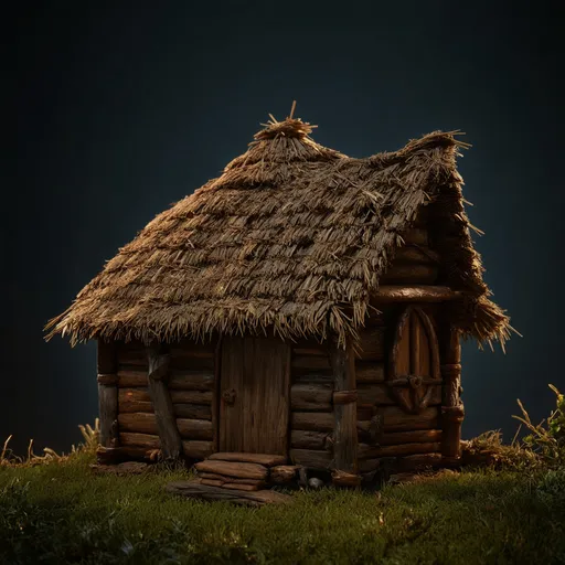 Prompt: Medieval wooden hut with straw roof, Warhammer fantasy RPG style, detailed wood texture, atmospheric lighting, highres, rustic, fantasy, medieval, detailed straw roof, immersive ambiance