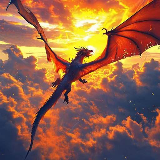 Prompt: (Scorching Dragonfire), fiery dragon soaring through a vibrant sunset sky, flames dancing around its body, dynamic scales glistening in warm hues of orange and red, dramatic clouds illuminated by the sun, intense atmosphere, epic scene, high fantasy elements, ultra-detailed, 4K resolution, cinematic lighting creating a striking contrast.