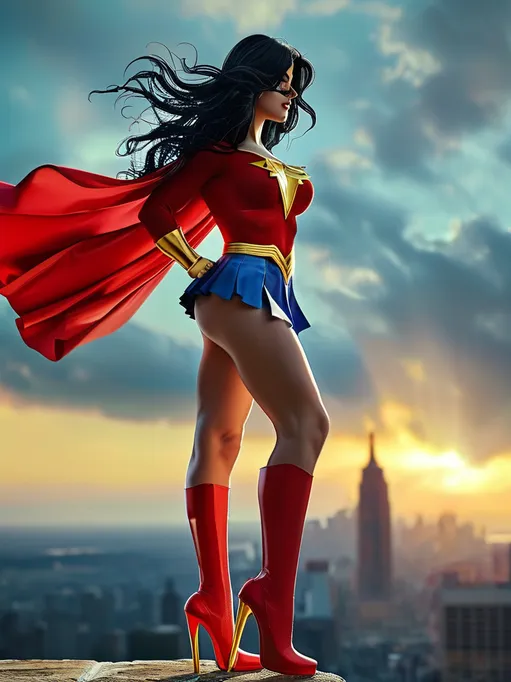 Prompt: Gorgeous ultra-muscular 25 years old Czechian female goddess bodybuilder with long flowing wavy black hair hair (((blowinginthewind))), huge busom, dressed as Supergirl (((DC Comics Character))), 8 inch stiletto high heel boots, standing on a gargoyle looking down on Metropolis at dusk. Cape blowing in the wind.