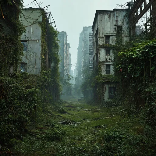 Prompt: Overgrown, abandoned city, The Last of Us style, detailed decay, highres, desolate atmosphere, post-apocalyptic, eerie lighting, nature reclaiming urban spaces, intricate vegetation, crumbling infrastructure, hauntingly beautiful, atmospheric ruins, realistic, overgrown vegetation, abandoned buildings, detailed textures, decaying beauty, desolation, haunting, high quality