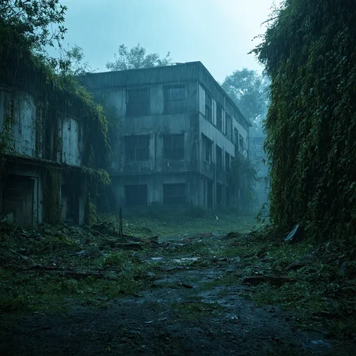 Prompt: distant view of Overgrown, abandoned hospital, The Last of Us style, detailed decay, highres, desolate atmosphere, post-apocalyptic, debris, detailed textures, eerie lighting, rain, nature reclaiming urban spaces, intricate vegetation, crumbling infrastructure, hauntingly beautiful, atmospheric ruins, realistic, overgrown vegetation, abandoned buildings, detailed textures, decaying beauty, desolation, haunting, high quality, dark blue ambient light, 
