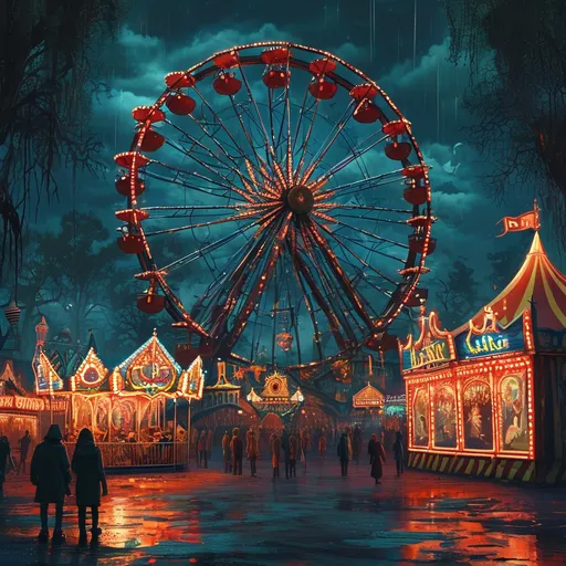 Prompt:  Illustrate an evil and eerie scene from a twisted carnival.