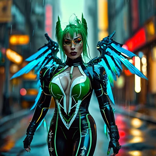 Prompt: A gorgeous ultra-muscular 45 years old Czechian drag queen bodybuilder with huge busom a cyberpunk style suit that is green and white with a cyberpunk style katana that is the same colors as the suit and they have big, long wings made of blue glowing energy and she is on  a road with it raining and sge is in a cyberpunk style city