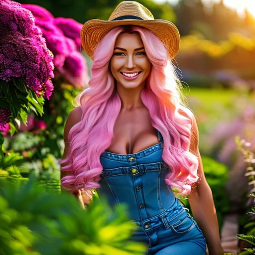 Prompt: Gorgeous ultra-muscular Czechian 25-year-old female goddess bodybuilder, overalls, ridiculously long pink wavy hair, huge busom,  realistic garden scenery, professional makeup, bright smile, sensual pose, full body shot, showing bums, bent over with leg stretched out, dimples, pink lips, tattoo, bright and realistic, garden scenery, professional makeup, happy mood, perfect composition, burst, sensual, highres, ultra-detailed, realistic, bright colors