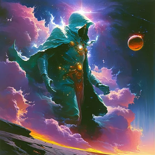 Prompt: a man in the form of a space nebula and comprised of magic holding a planet in his hand in space, Boris Vallejo, space art, yukito kishiro, an album cover, clouds and sun in the background, taken from space, with a lens flare, Derold Page, space art