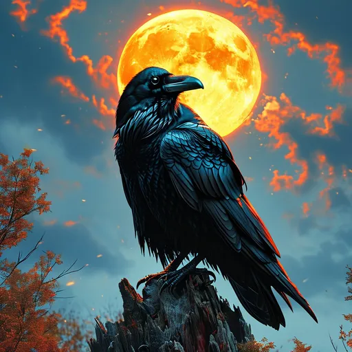 Prompt: A raven sitting atop a human skull lit by a blood moon