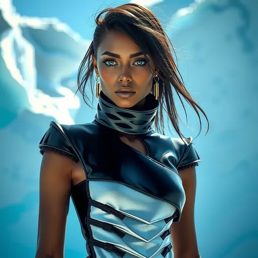 Prompt: (fashion editorial), hyper-realistic, (futuristic vibe), a  super slim black female model, in a modern black and silver outfit, Thierry Mugler fashion style, big shoulders pad, McQueen style alien boats, illuminated by bluish sunlight, dramatic iceberg background, showcasing innovative styling, crisp details, ethereal ambiance, reflecting advanced design and cutting-edge fashion concepts, 4K resolution. 
