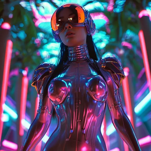 Prompt: a gorgeous 25-year-old Finnish female goddess bodybuilder wearing futuristic visors, buxom busom, 8 inch stiletto high heel shoes, shiny cyberpunk colors, retrofuturism, palms trees 1980s sci-fi, game cover art, character, 4k. Composition focus on legs and full-body.