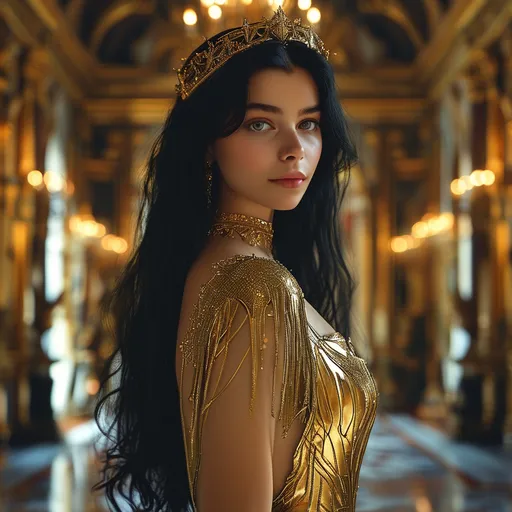 Prompt: A 20-year-old woman, beautiful, noble, and haughty. She comes from a family that rules over an intergalactic empire. She has long black hair and very light gray eyes. She is wearing a futuristic yet elegant gold dress. She is standing in the gallery of a futuristic castle, luxurious and richly decorated.