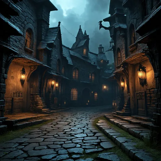 Prompt: dark fantasy RPG style town, gritty atmosphere, weathered textures, gloomy ambience, high contrast, detailed textures, atmospheric lighting, eerie atmosphere, medieval fantasy, intricate details, eerie shadows, eerie atmosphere, dramatic, haunting, mysterious, unsettling, professional, highres, intense, fantasy, gothic, eerie lighting