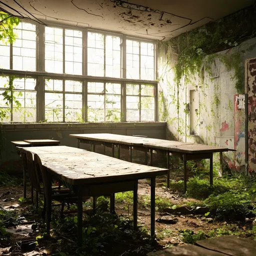 Prompt: The Last of Us style abandoned overgrown class room